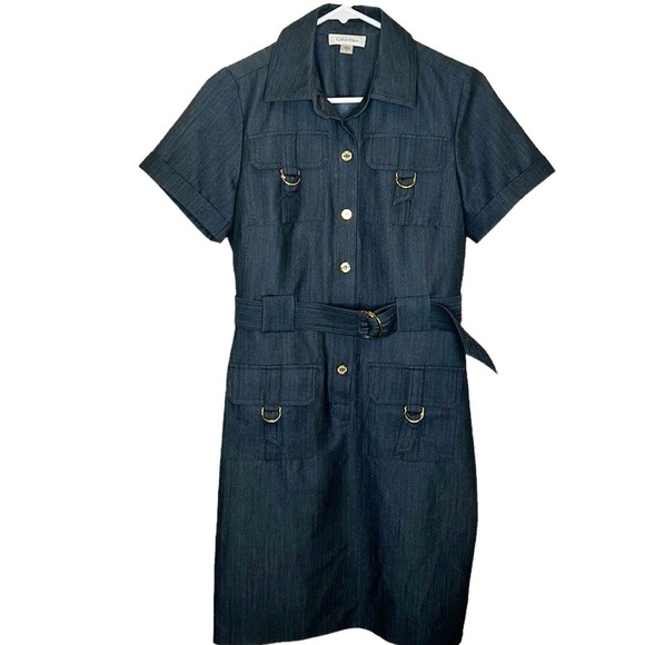 Calvin Klein Dark Chambray Belted Dress Women's 6 Button‎ Down Career Office - Picture 1 of 8